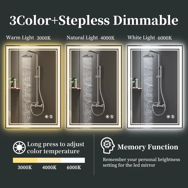Dimmable 3 Colors LED Bathroom Mirror 24 X 32''