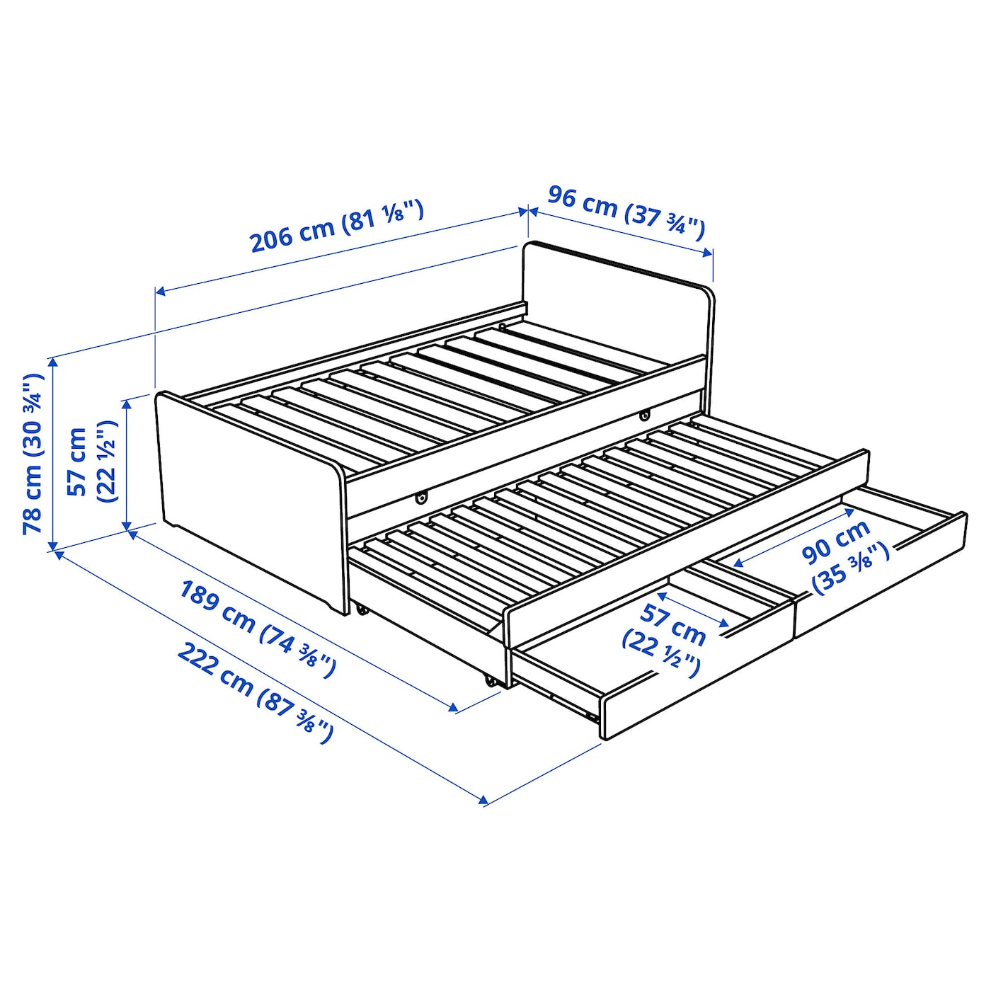 Bed frame with underbed and storage, white, 90x200 cm